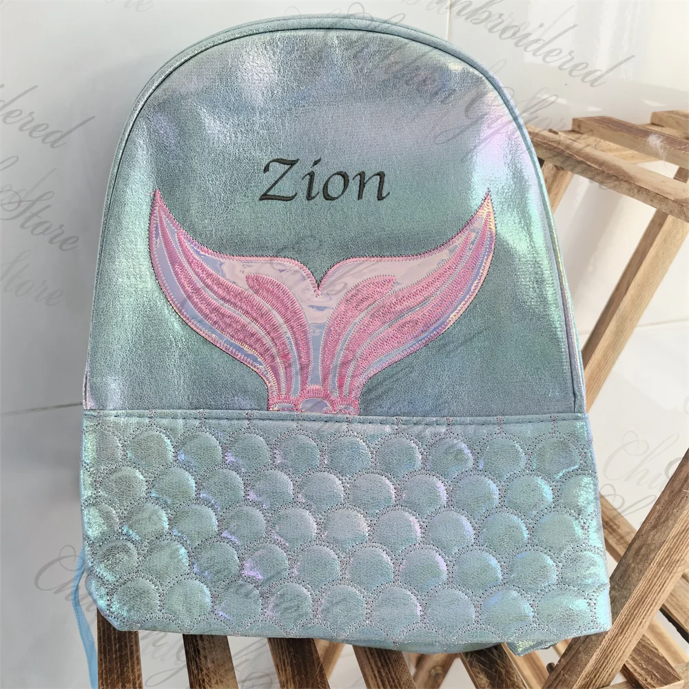 PU Custom Embroidered Name New Student School Bag Personalized Name Girl's Cute Mermaid Backpack PU Travel Backpack for Female