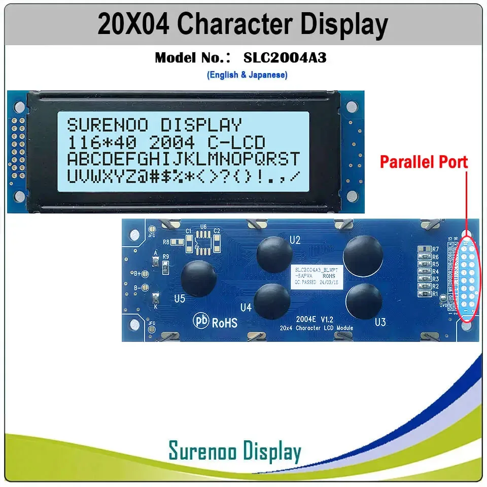 Surenoo 116*40mm 2*8pin 204 20x4 2004 6800 iic i2c personagem módulo lcd tela de exibição lcm branco led backlight inglês japonês