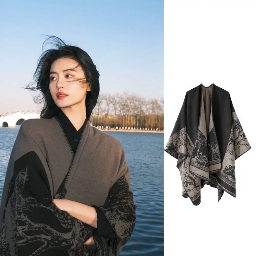 Unisex Winter Cape Scarf Soft Cashmere Like Shawl Elegant Plaid Poncho Wrap Warm Decorative Korean Fashion Cloak Stole