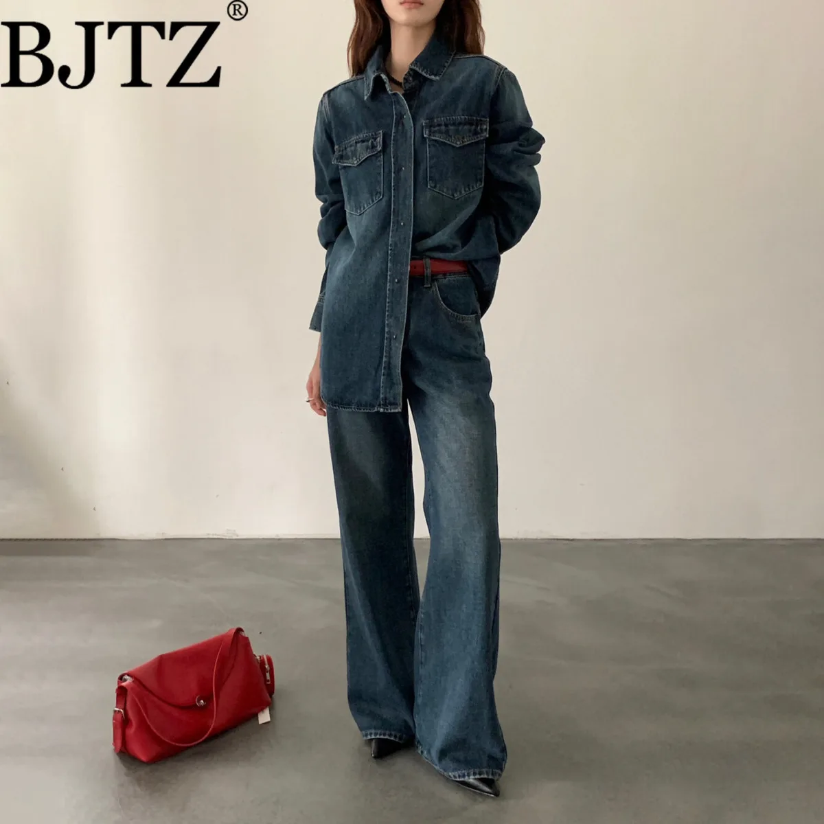 

BJTZ модная винтажная джинсовая куртка + широкие брюки, комплект из двух предметов для женщин, весна-осень 2022, новые свободные офисные женские комплекты