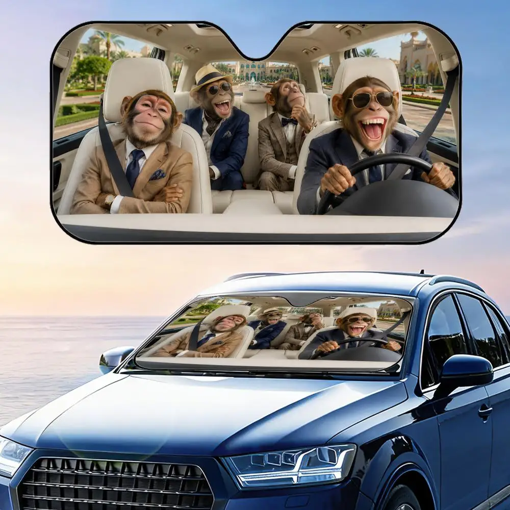 Driver Monkey in Suit Sun Visor Car Windshield Sunshade UV Protection Reflective Foldable Heat Insulation Cover