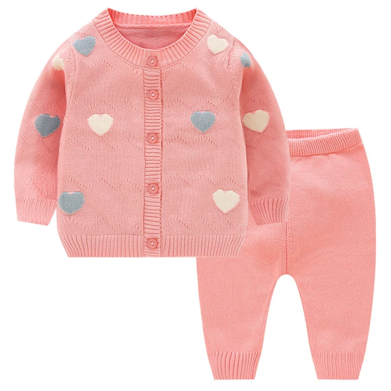 

2Piece Sets Sping Fall Baby Girl Clothes 0 To 3 Months Korean Cartoon Cute Knit Pink Outerwear Coat+Pants Infant Clothing BC387