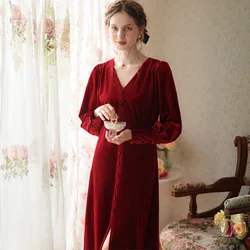 French Style Velour Robe Vintage Nightgown Women Winter Warm Long Sexy Night Dress Victorian Pleuche Velvet Nightwear Sleepwear