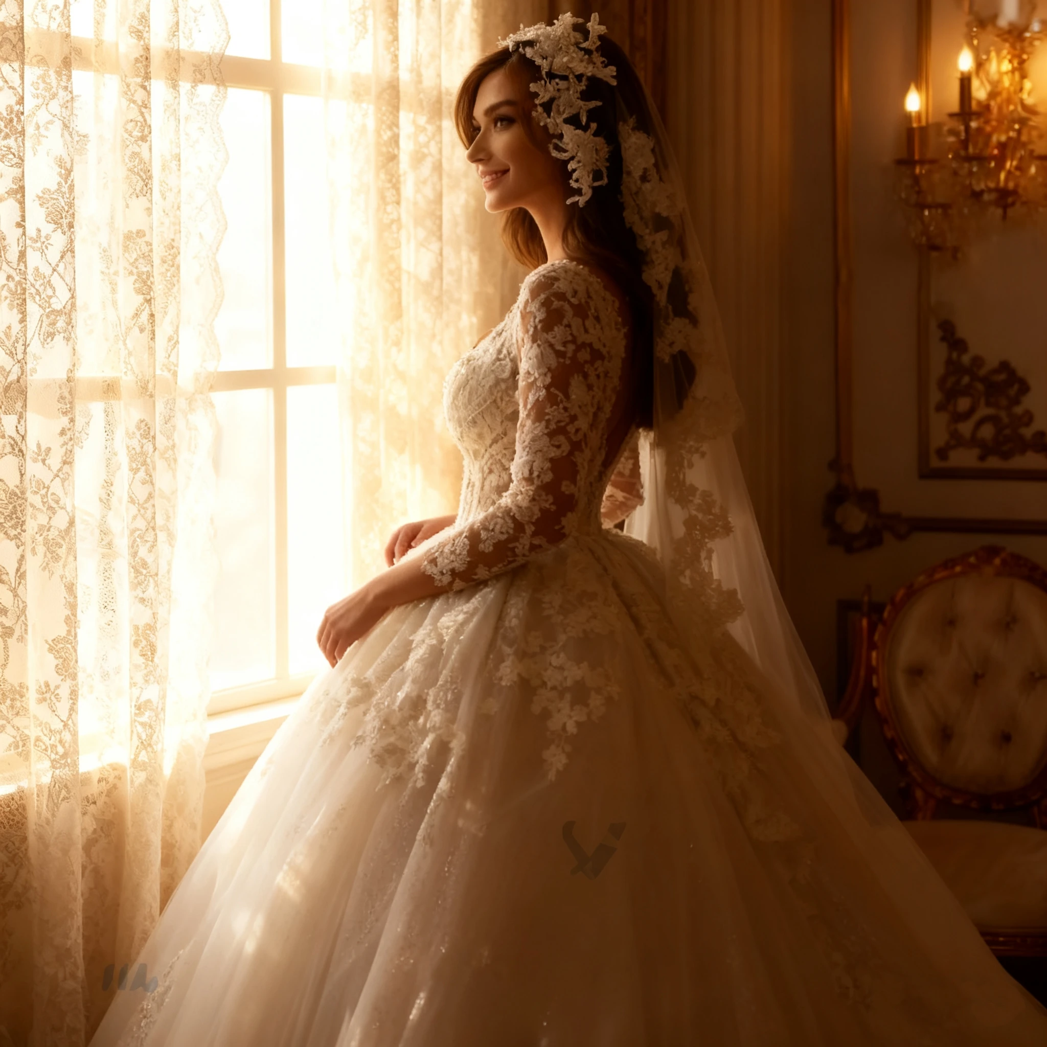 تخصيص خمر الدانتيل فساتين الزفاف الأميرة الكرة ثوب الديكور أثواب الزفاف تسلق تول طويلة الأكمام فستان الزواج دبي #5