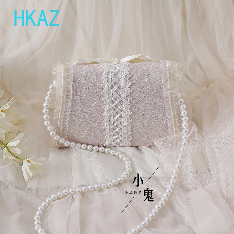 Original Lolita Sweet Cute Girl Handbag Elegant Pearl Chain Bow Cosmetic Bag Lace Chain Solid Color Versatile Messenger Bags 6