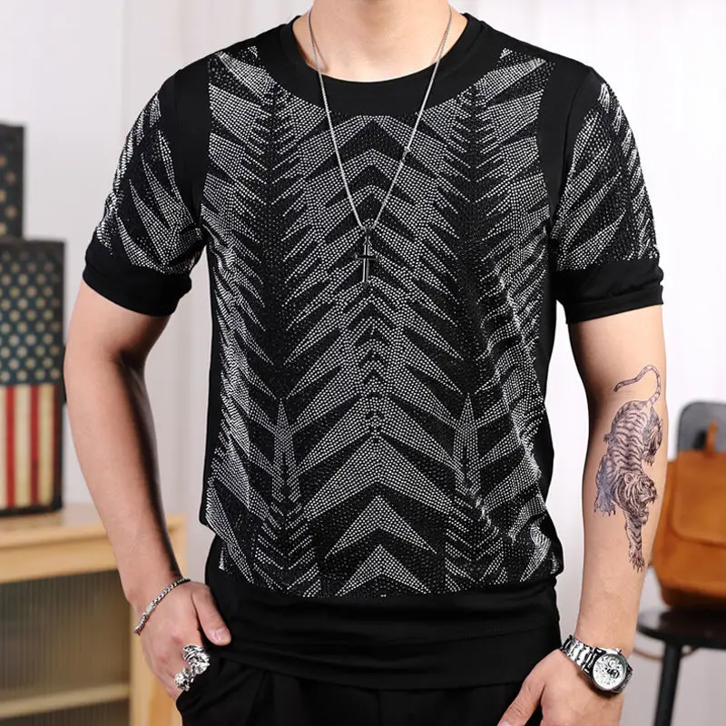 

Summer New Fashion Short Sleeve T Shirt Super Bright Face Hot Drill Undershirt Hipster Men's Top