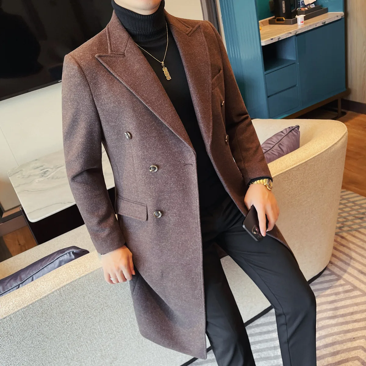 

Autumn Winter Vintage Men's Woolen Long Coat Fashion Lapel High Quality Double Breasted Formal Men Slim Fit WindBreaker Overcoat