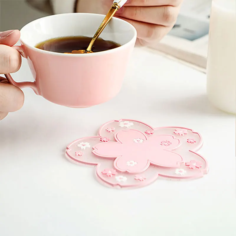 1pc Kitchen Silicone Anti-scald Mat Dining Table Heat-resistant Cherry Blossom Non-slip Coasters High Value  Mats