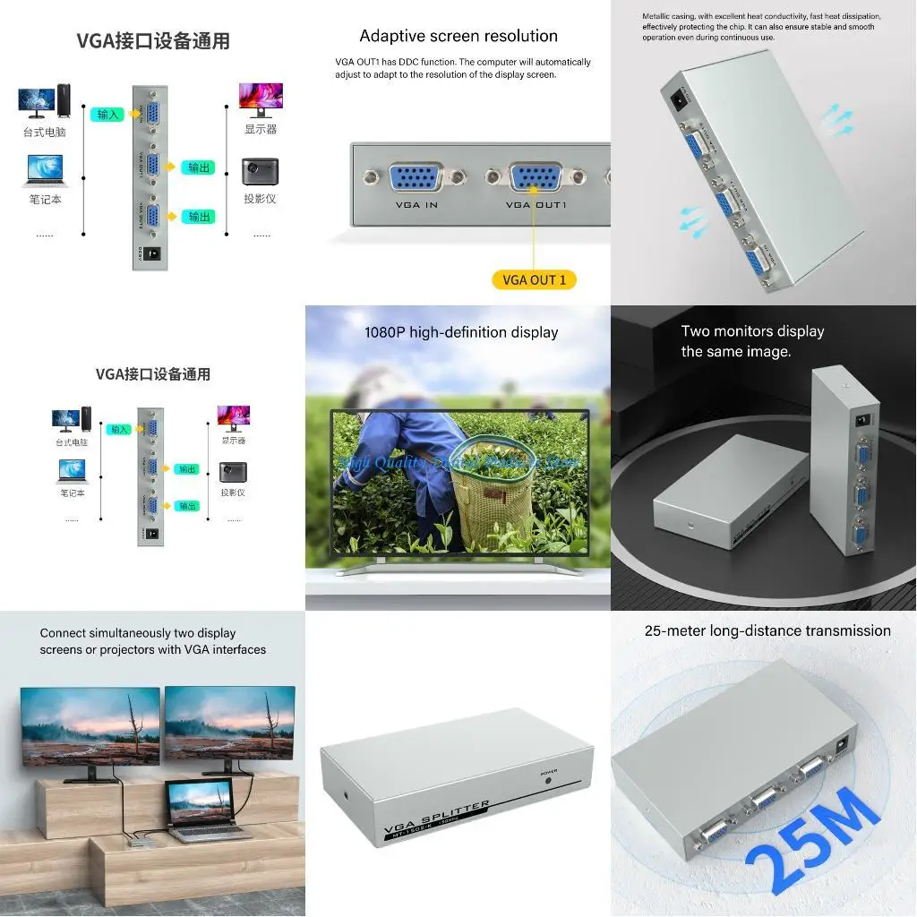 

U2JE Double Observe VGA Divider 1x2 Harbors 150MHz Capacity Denial Ignoring Rapid heating Dissipation Metal Case