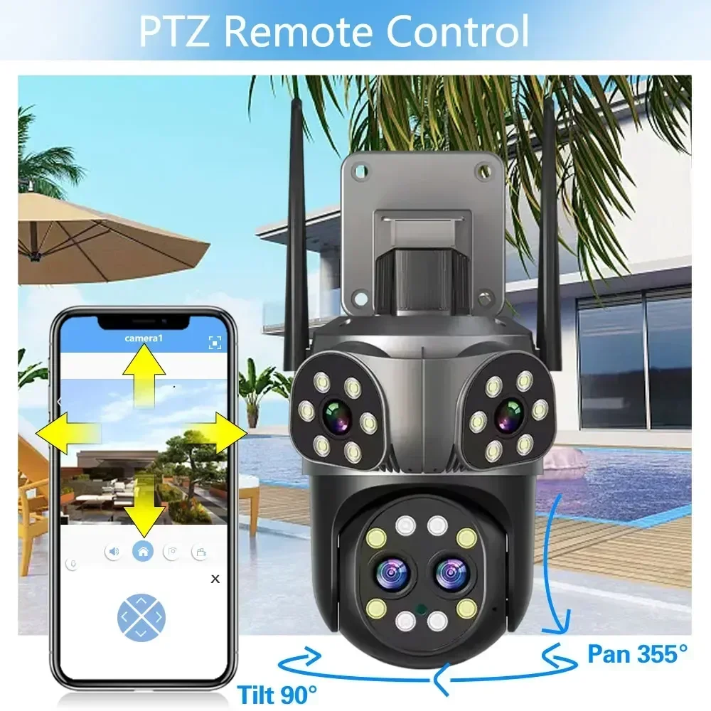 4-Lens 16MP 8K Wifi Surveillance Three-Screen 10X PTZ Zoom Outdoor Security IP Camera Color Night  Audio Bluetooth Connectivity