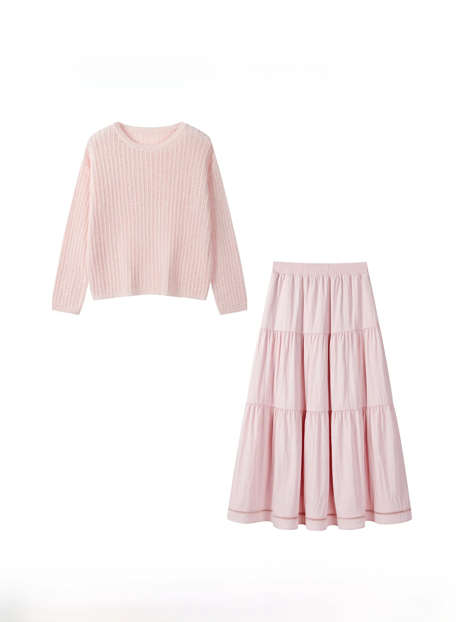 

Розовый вязаный свитер с длинными рукавами и юбка в комплекте, женский милый антивозрастной костюм-двойка, модный комплект для осени и весны