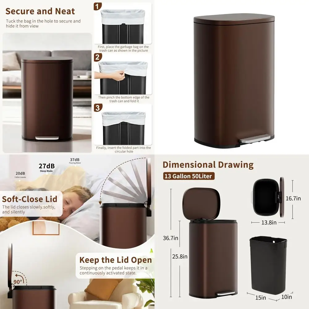 

Brown 13-Gallon Stainless Steel Trash Can with Removable Lid and Pedal for Home Kitchen Use