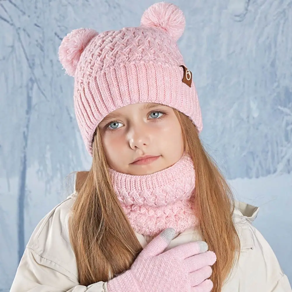 Gift Winter Kids Hat Gloves Scarf Set Thickened Knit Neck Warmer Warm Children Fleece Lined Set