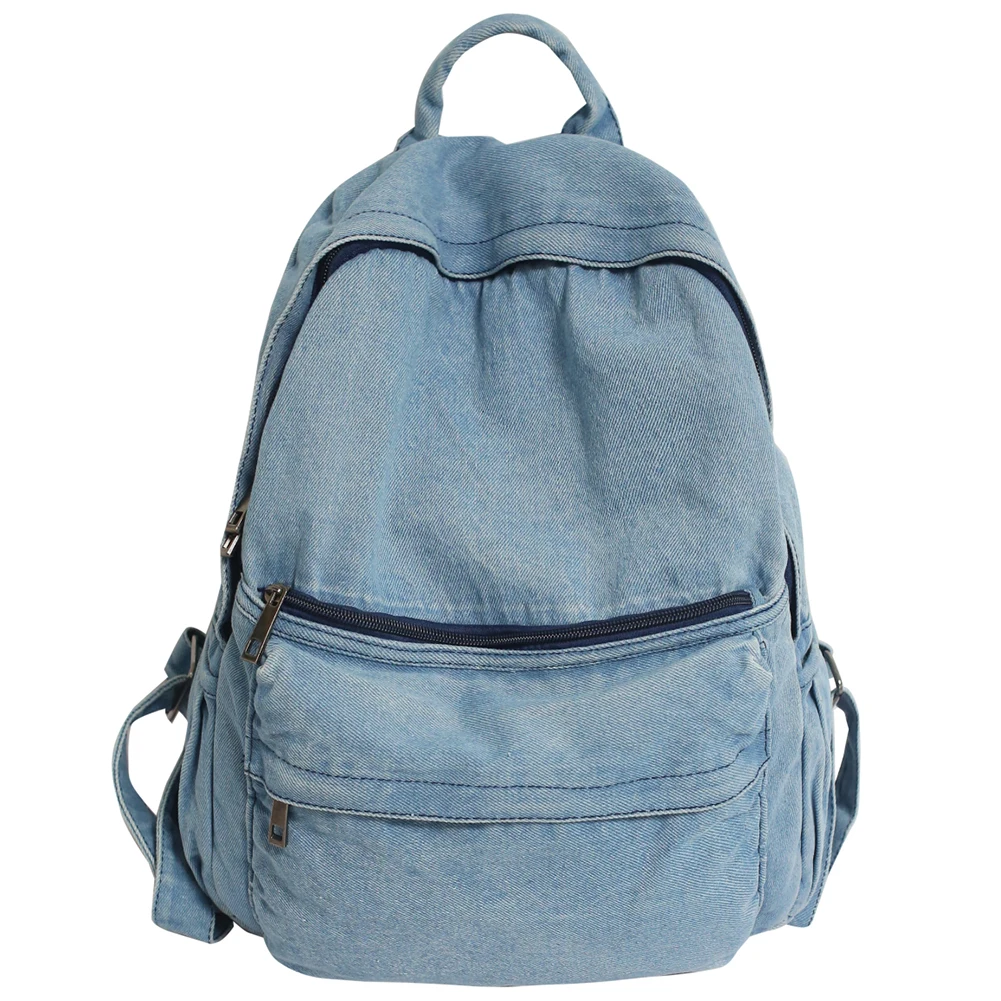 Mochilas jeans retrô para estudantes, mochila de grande capacidade, zíper, sólido, moda, caminhada, compras