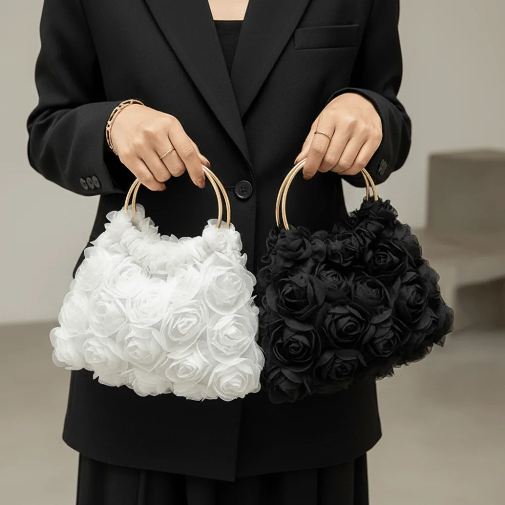 Versatile Elegant Floral Clutch Purse Rose Flower Metal Handle Evening Bag Lace Floral Black/White Bridal Handbag For Women