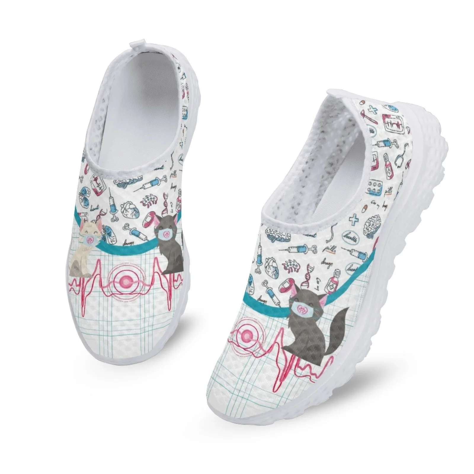 INSTANTARTS Cute Cat and Medical Tools Cartoon Female Flat Shoes ECG Cats With Mask Printed Women Mesh Sneakers Slip-on Loafers