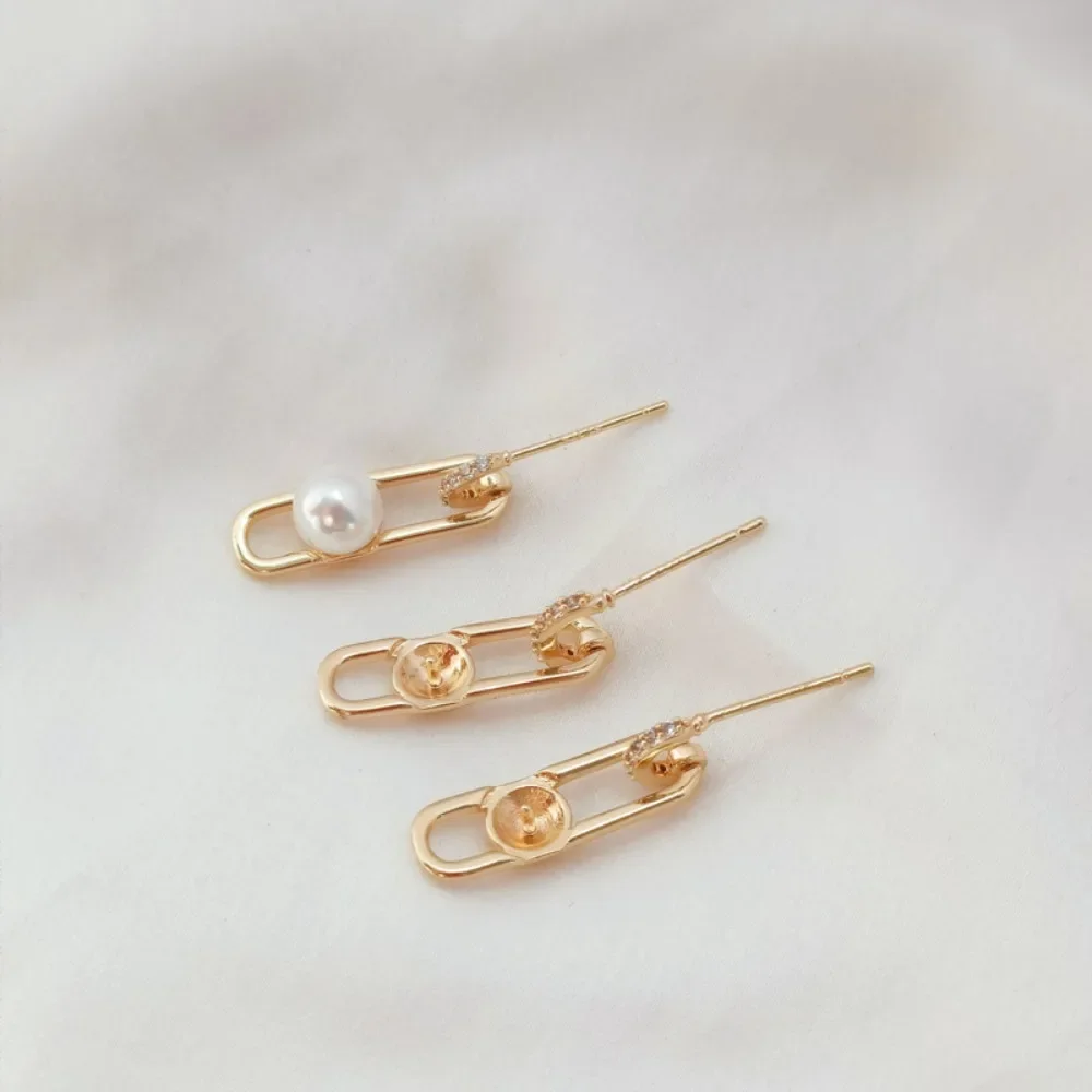 

14K Copper-gold Inlaid with Zircon Paperclip, Half-hole Pearl Holder, S925 Silver Ear Pins, Earrings and Earrings DIY