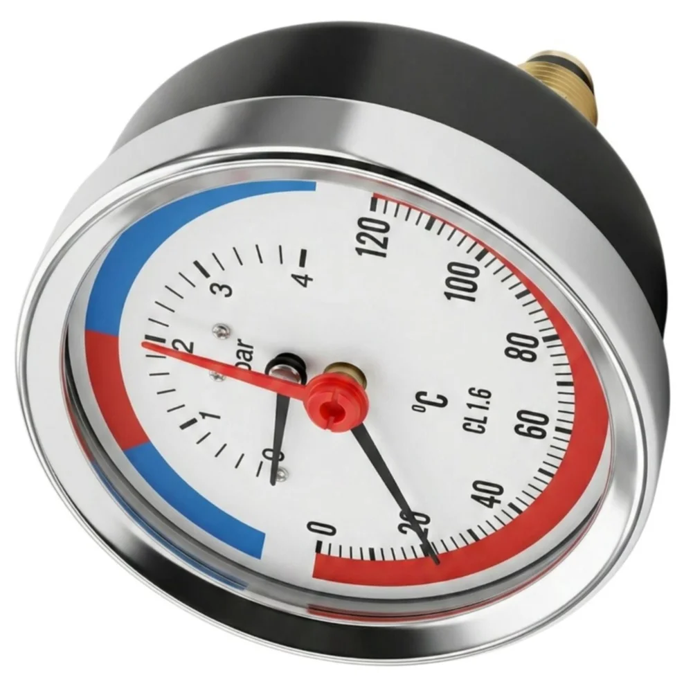 Underfloor Heating Dual Function Thermobarometer G1/4 and G1/2 Thread Options 0-120 C Range 0-4 Bar Pressure Range