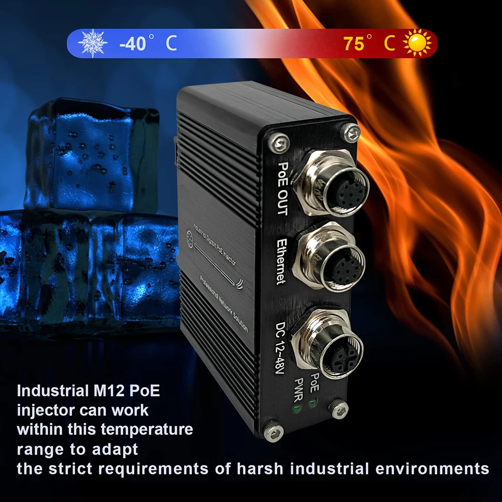 

Инжектор M12 POE Промышленный 1-портовый инжектор PoE 10/100/1000 с выходом 30 Вт/90 Вт, разъем M12 Поддержка PoE IEEE 802.3 af/at