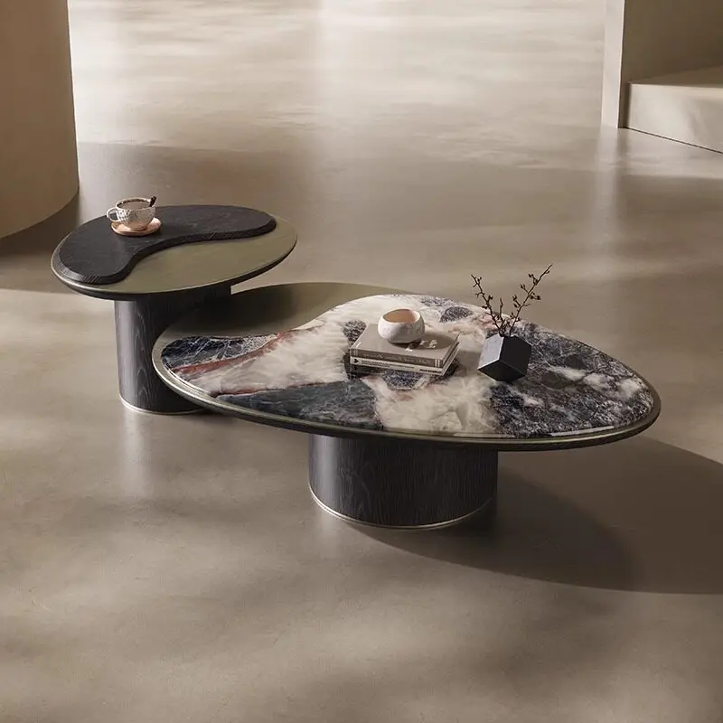 

Комплект журнальных столиков нестандартной формы с отделкой из шпона черного ореха и столешницей под искусственный мрамор, современный роскошный дизайн для гостиной, многофункциональный, элегантный.