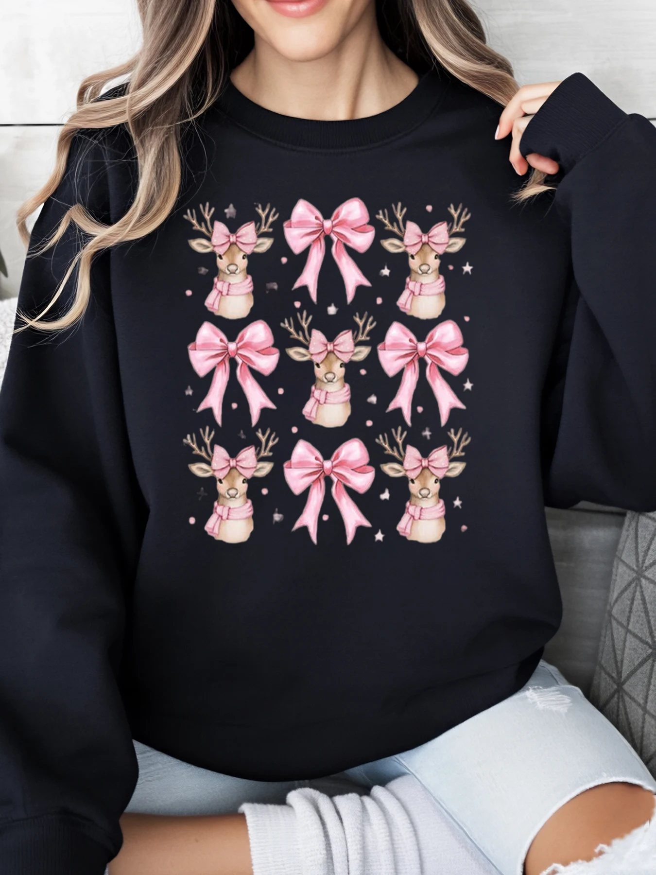 Sudadera con estampado navideño de reno con lazos rosas para mujer, ropa informal para vacaciones, color negro, talla grande