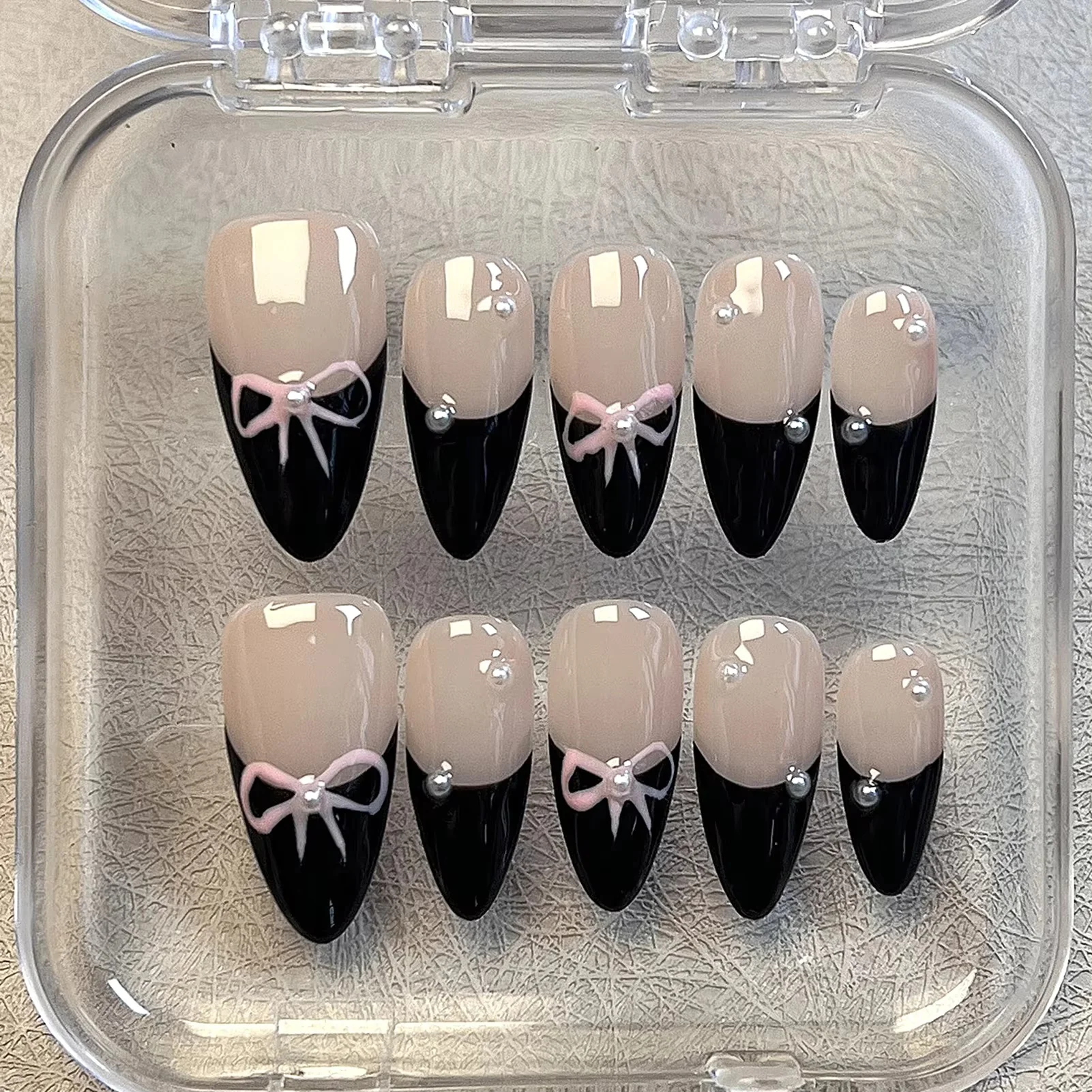 10pcs Sweet Black French Tip Press On Nails, Pink Bow & Pearl Decor Almond Fake Nails