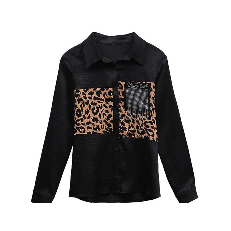 Spring Autumn Streetwear Leopard Printed Casual Fashion Blouse Ladies Long Sleeve Harajuku Y2K Cardigan Top Women Diamons Blouse