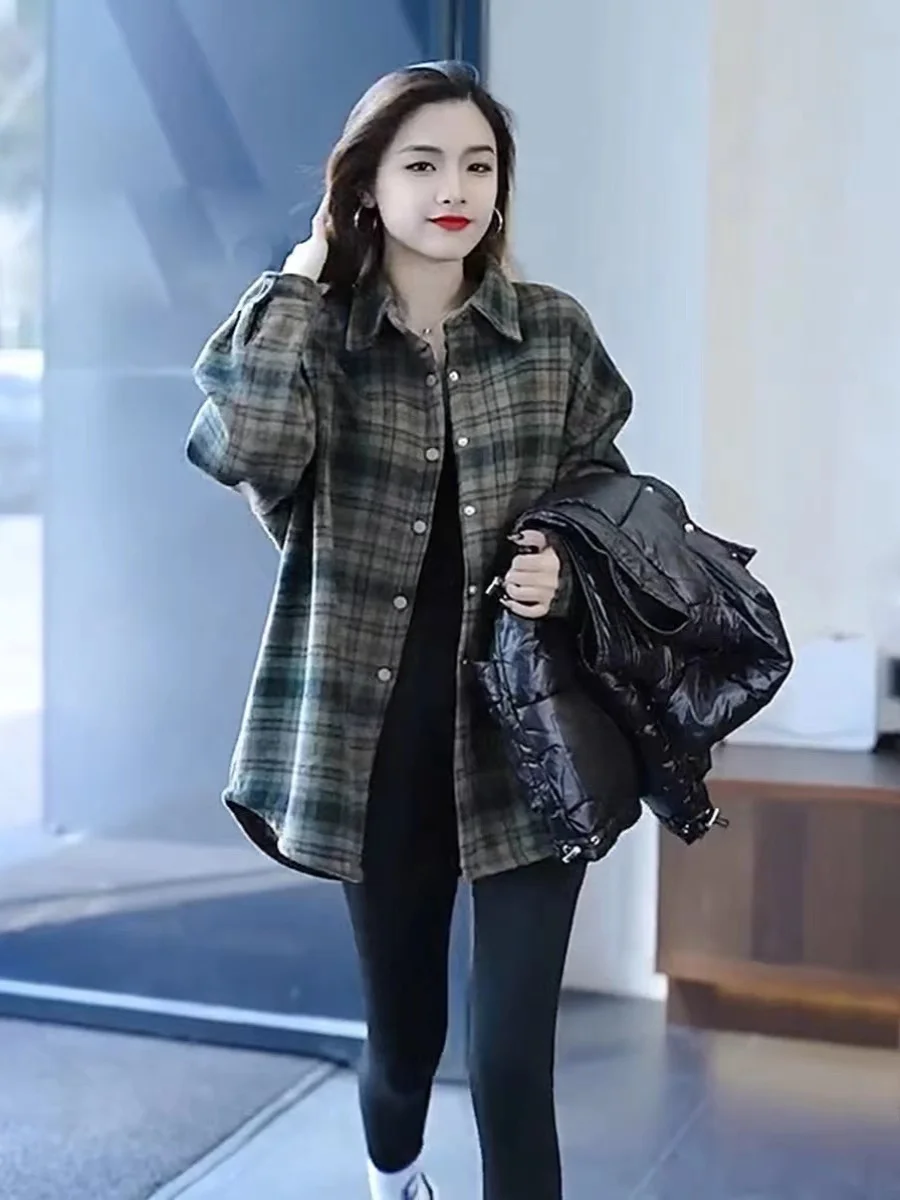 

Thiened Flannel Plaid Casual Loose Women's irt Autumn Winter New Sle Warm Outerwear Trendy Button up Collar Long S...