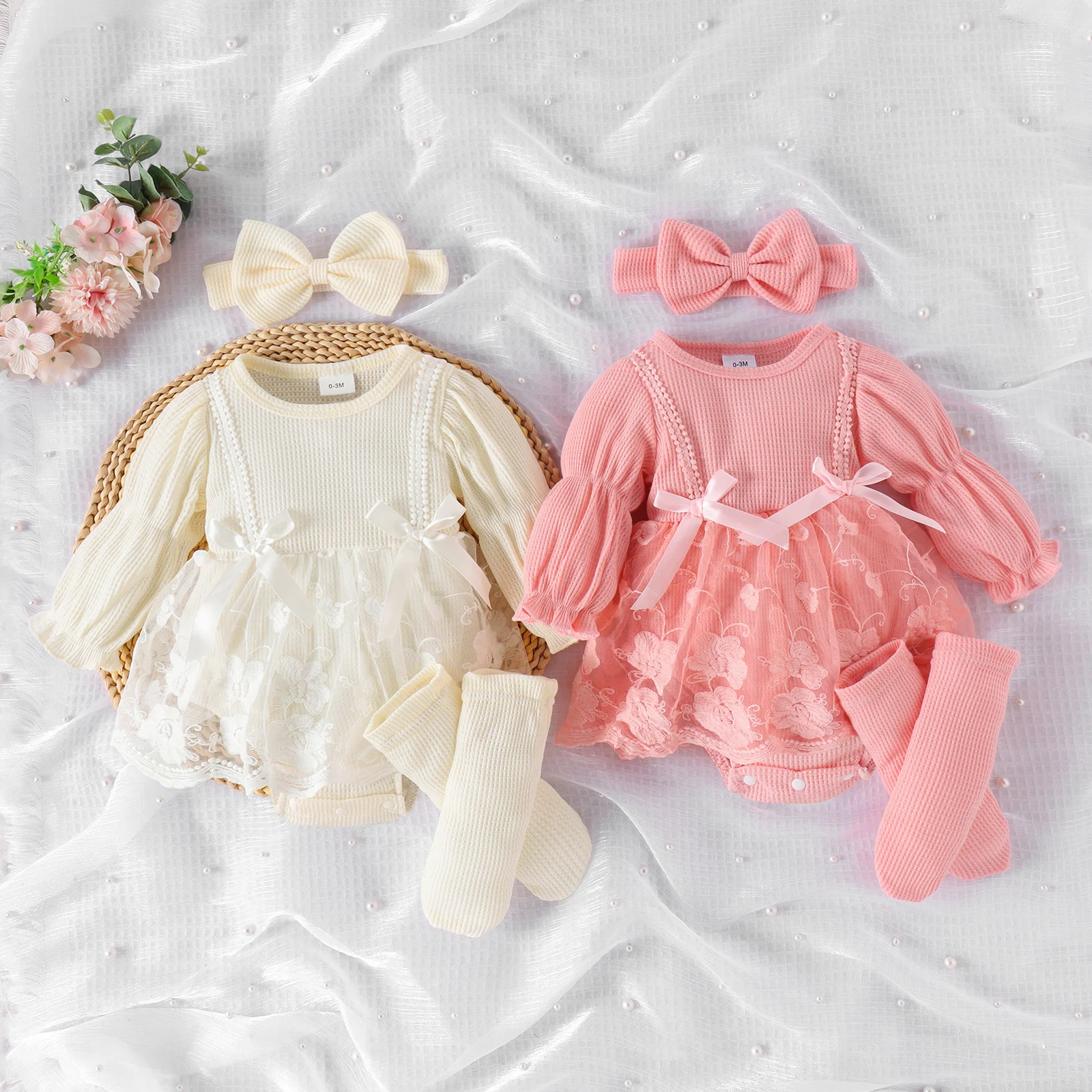 2PCS Autumn 0-1 Year Old Girl Baby Sweet And Cute Long-Sleeved Clothes Mesh Skirt + Hair Band + Socks