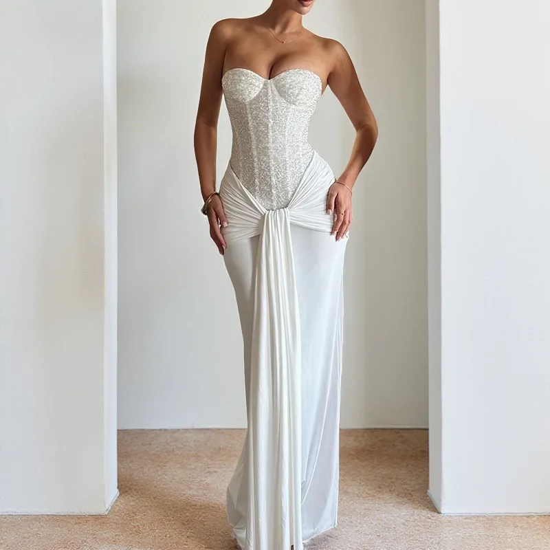 Abito da Sera per Donna, Lussuoso ed Elegante Vestito Lungo in Velluto Bianco con Paillettes, per Feste di Compleanno e Cocktail