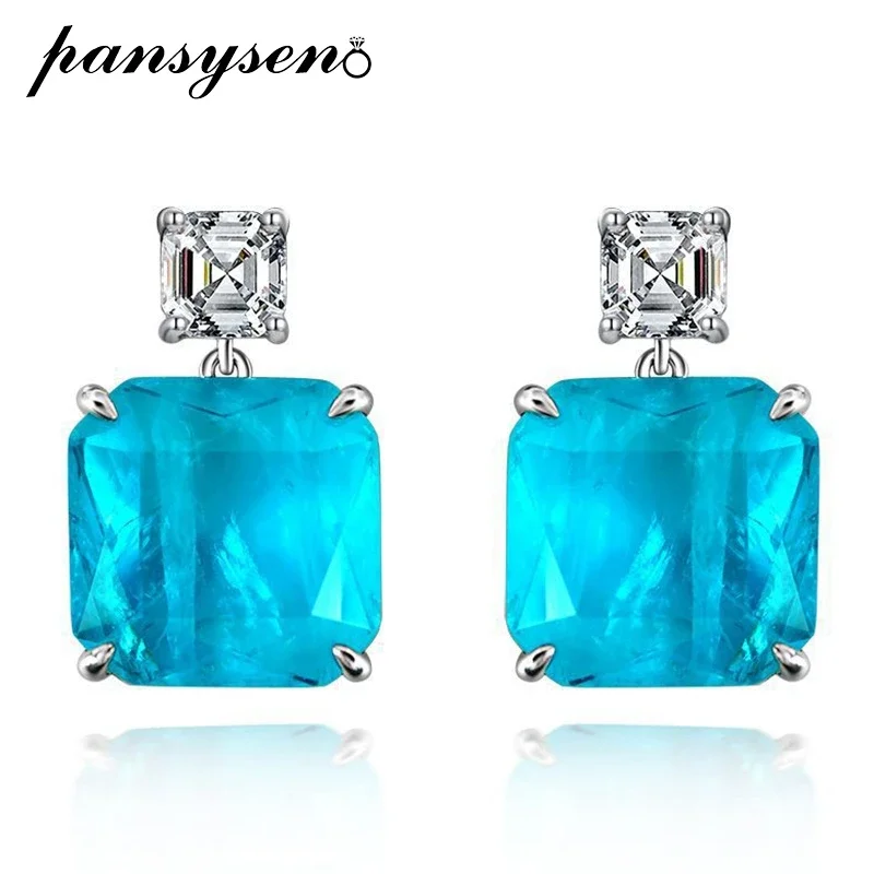 

Trendy 925 Sterling Silver 15x15MM Big Size Square Paraiba Tourmaline Gemstone Dangle Drop Earrings Party Fine Jewelry for Women