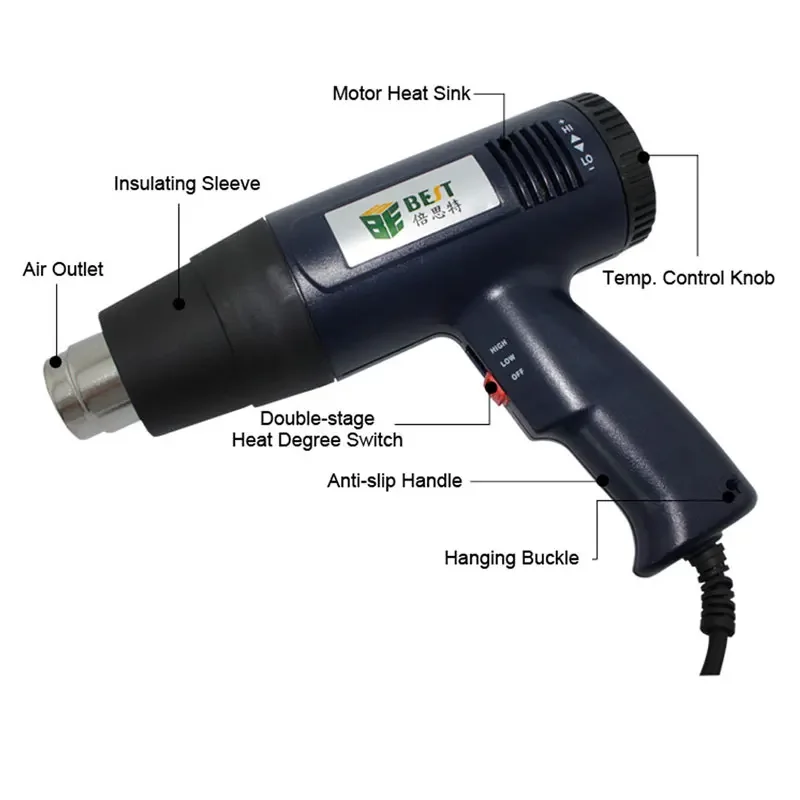 

BST-3A 1600W Handhold Hot Air Heat Gun Temperature Adjustable Hot Air Anti-slip Handle Blowing knob adjustable thermostat