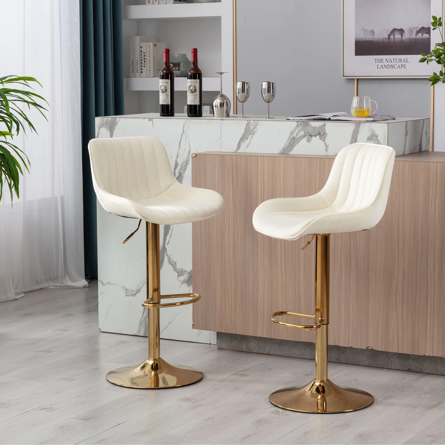 

Chrome Footrest and Base Swivel Height Adjustable Mechanical Lifting Velvet + Golden Leg Simple Bar Stool,Set of 2,Ivory