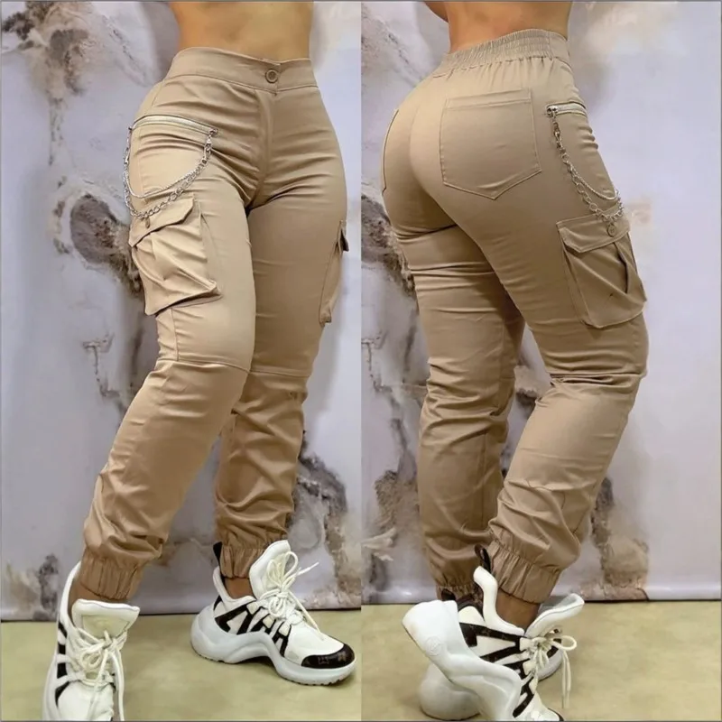 2025 New Women's Pants Sim-fit Fashion All-in-one Khaki Bunched Feet Elastic Multi-pocket Chain Cargo Pants Trend High Street - view 3