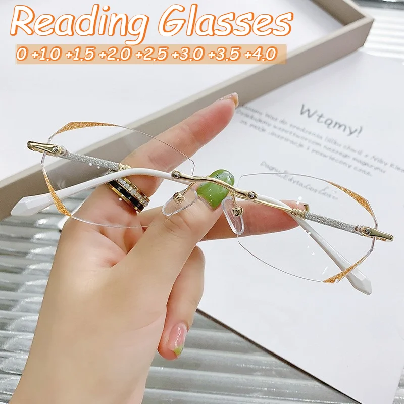 

Luxury Rimless Diamond Cutting Reading Glasses Fashion Anti Blue Light Presbyopic Glasses Elegant Gold Trim Eyeglasses 0 To +4.0