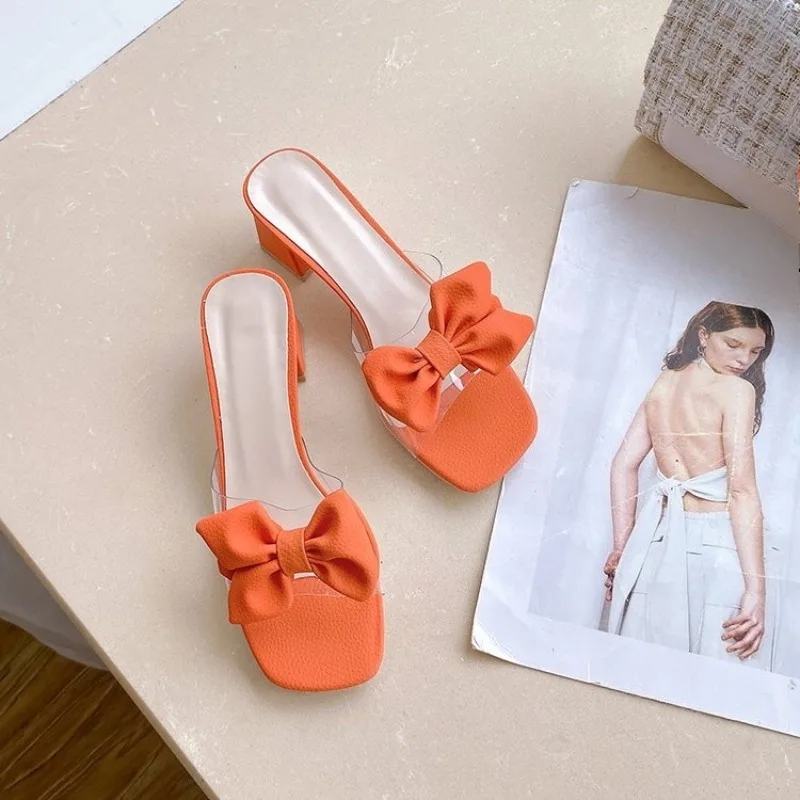 Heeled Women Slippers Bow High Heels Sandals Woman Shoes 2025 Trend Fashion Chunky Pumps Summer Dress Shallow Mujer Zapatos view 6