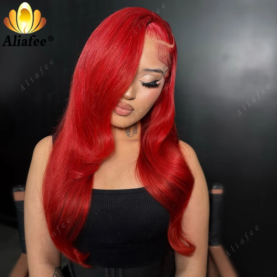 

New Popular High Shine Silky Soft Glossy Bright Fire Red Body Wave Baby Hair Wig 13x6 Transparent Lace Frontal Human Hair Wigs