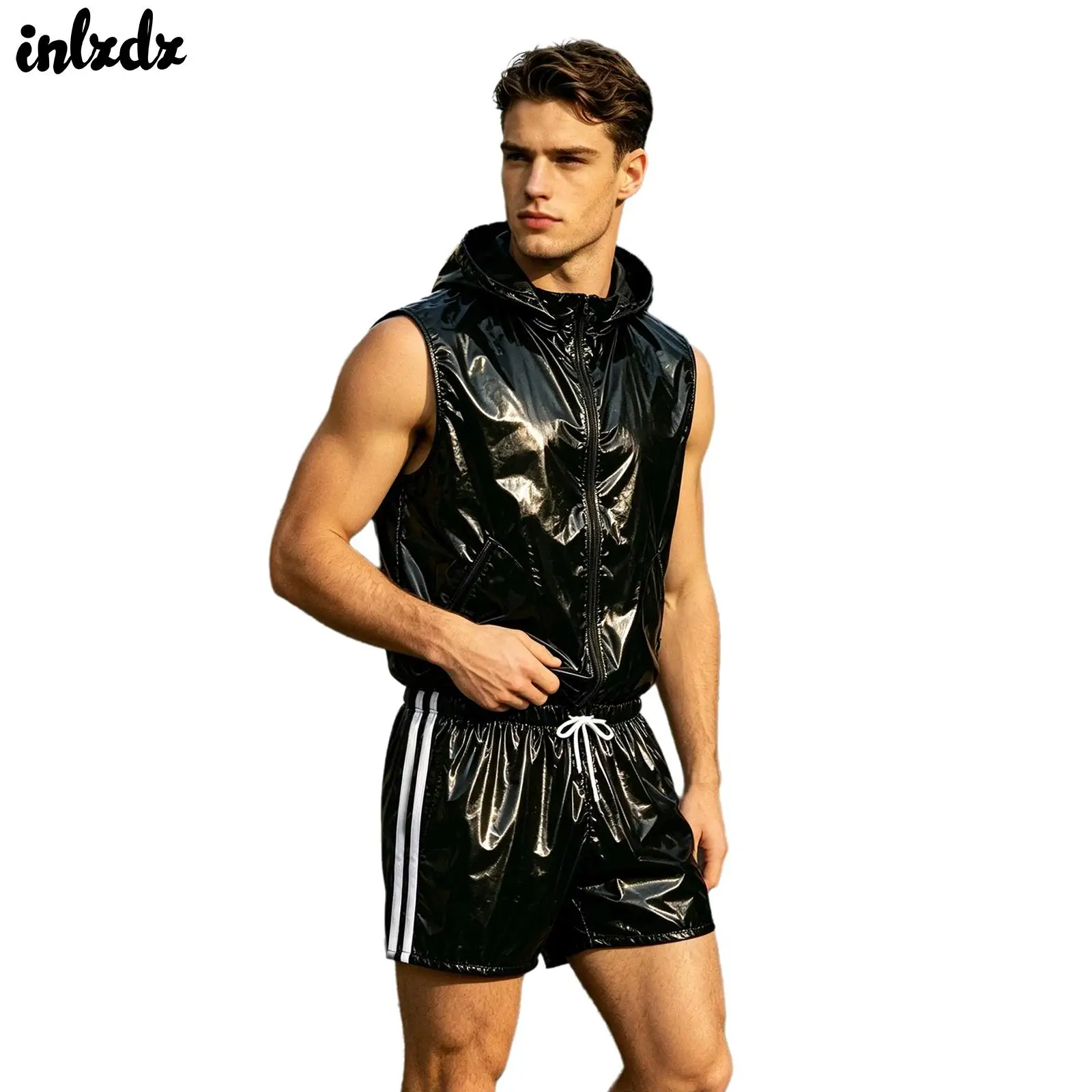 

Mens Waterproof Tracksuit Glossy Costume Front Zipper Hooded Vest Waistcoat with Hood And Built-in Briefs Boxer Shorts Clubwear