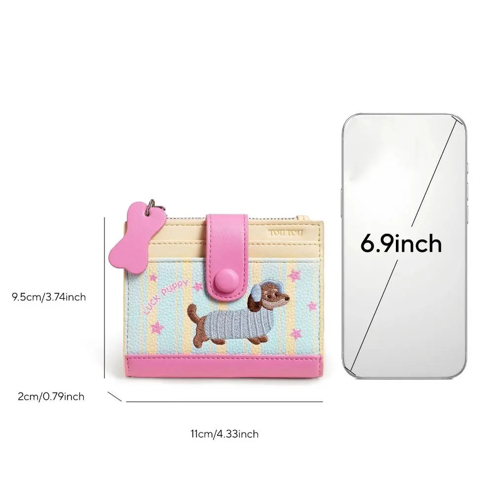 Dopamine Color Dachshund Embroidery Coin Purse Pouch Card Bag Cartoon Pu Wallet Korean Style Zipper Small Item Bag Female/Girls