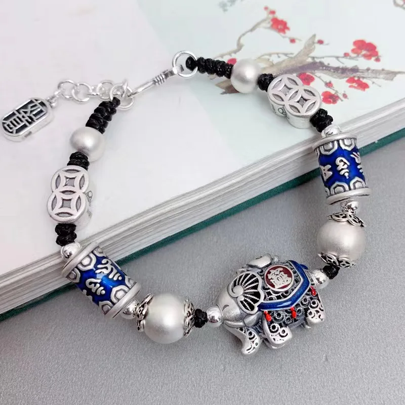 S925 Silver Enamel Crafted Elephant Bracelet For Men And Women's Retro Handwoven Ethnic Style Fashion Light Luxury Trend