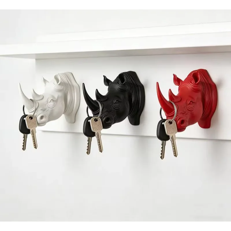 Modern Creative Rhinoceros Head Wall Hook For Entrance Hall Living Room Key Hanger Animal Head Decorative Hooks Organizer