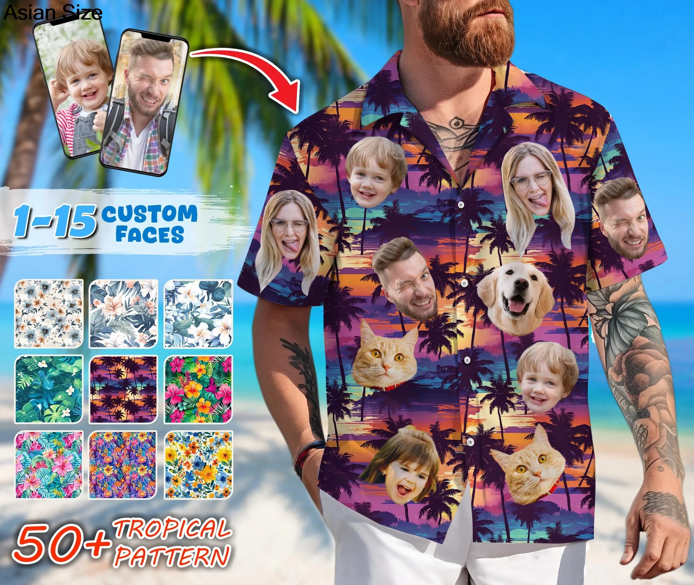 Hawaiian Shirt With Custom Face For Men Women Personalized Hawaii Gift For Girlfriend Boyfriend Tropical Beach Button Down Shirt