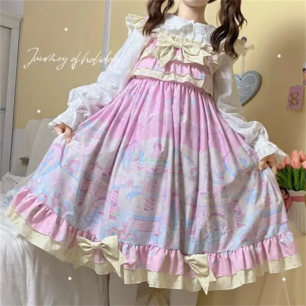 Parco divertimenti per ragazze giapponesi stampa White Wave Dot Bowknot dolce Lolita Dress Kawaii Girls Spring Vestidos Cosplay Lolita Jsk