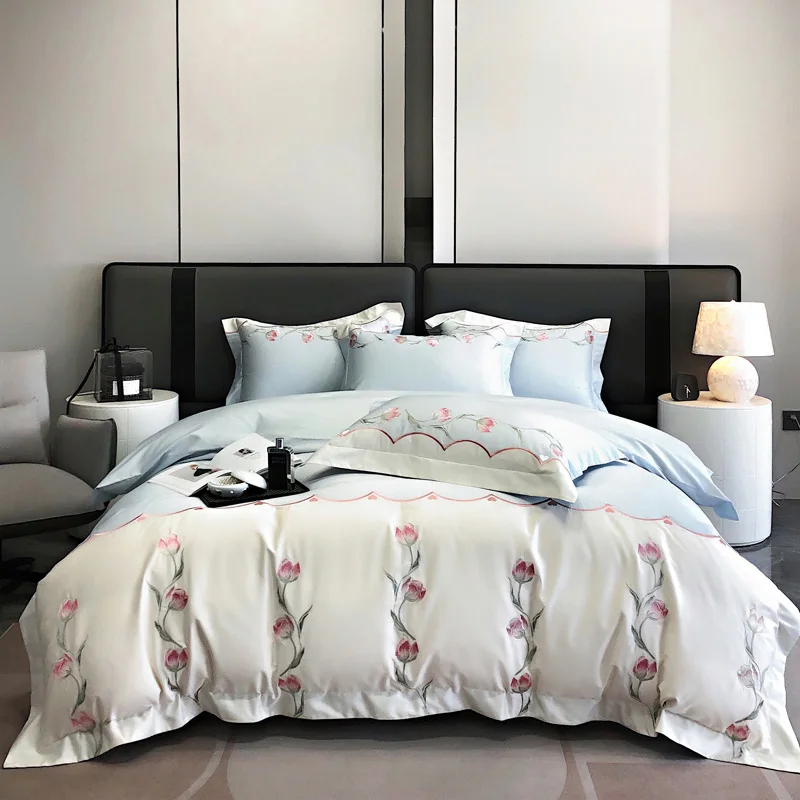 High-end Florals Embroidery Bedding Sets Luxury Blue White Patchwork Egyptian Cotton Duvet Cover Bed Sheet Pillowcases