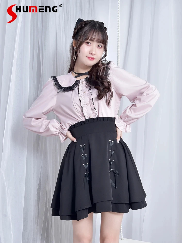 Japanese Style Cute Mine Double-Layer Skirt Woman 2023 Fall New Lolita Sweet A- Line Bandage Ruffles Short Skirts for Women