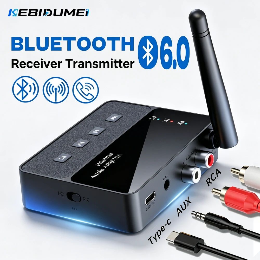 KEBIDUMEI Transmissor e Receptor Bluetooth 6.0 3.5mm AUX RCA com Microfone Adaptador Sem Fio HIFI Estéreo para Amplificador de Som Automotivo