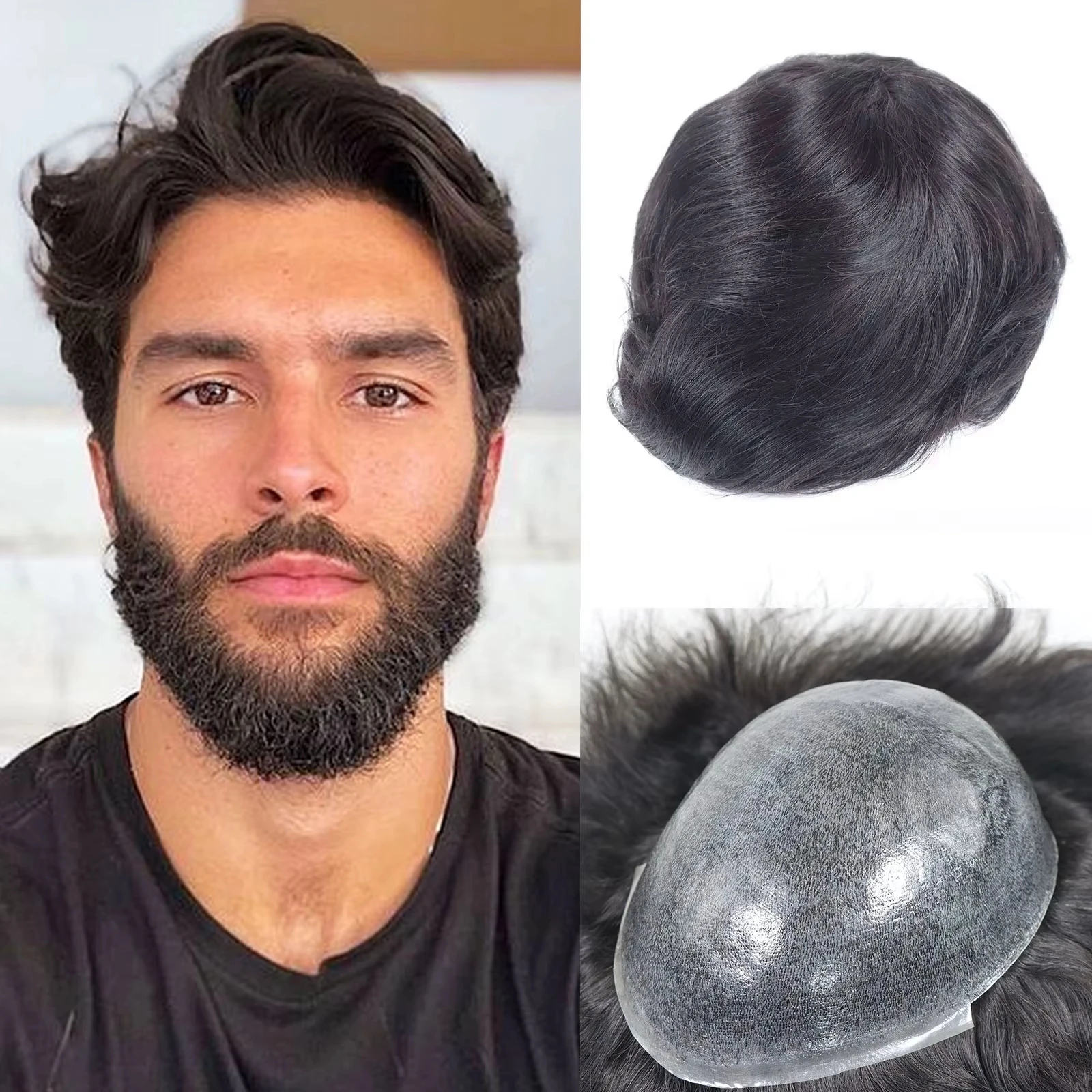 0.08-0.10MM Full Skin PU Toupee For Men V Loop Human Hair Men's Wigs #1B Men Capillary Prosthesis Hair Unit Replacement