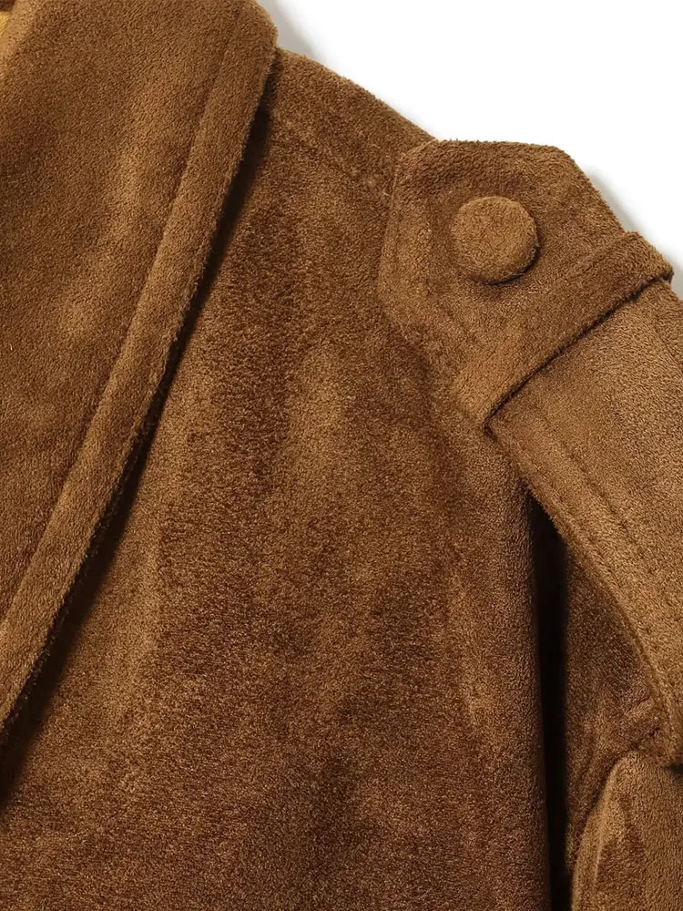 HH المرأة الخريف موضة الرجعية تنوعا الجلد المدبوغ التلبيب معطف طويل الأكمام الإناث أنيقة عالية الشارع سستة جيب سترة فضفاضة Mujer