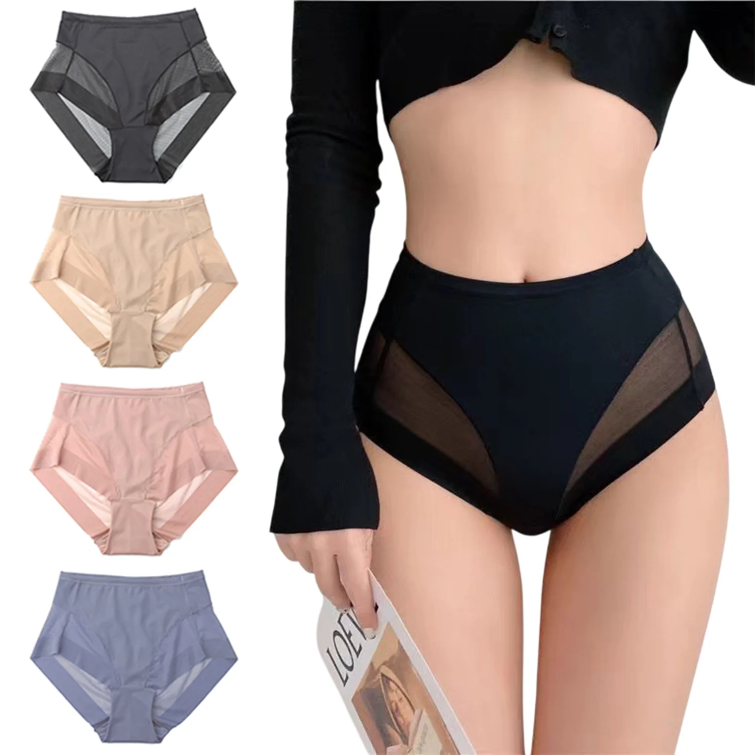 

Women's Shapewear Panties Mid Waist Mesh Elastic Ice Silk Briefs Ladies Boxer Briefs Underwear ﻿4 Packs