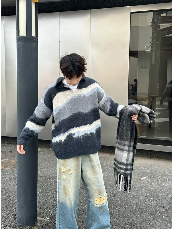 

American Sle V-Ne Striped Loose Casual Knitted Sweater Men Women Autumn Winter Comfortable Lazy Sle Long Sve Top